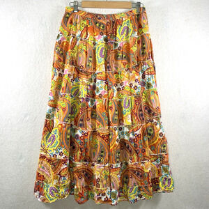 Womens Paisley Tiered Maxi Skirt Sz S Colorful Boho Festival Hippie Cotton Lined